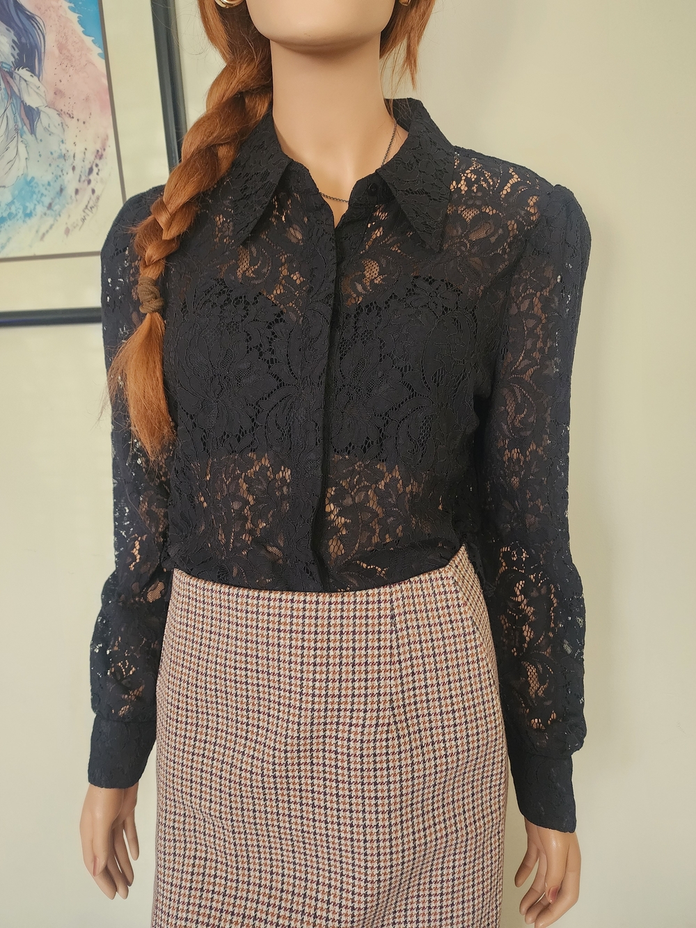 L'AGENCE Black Floral Lace Button-Front Blouse